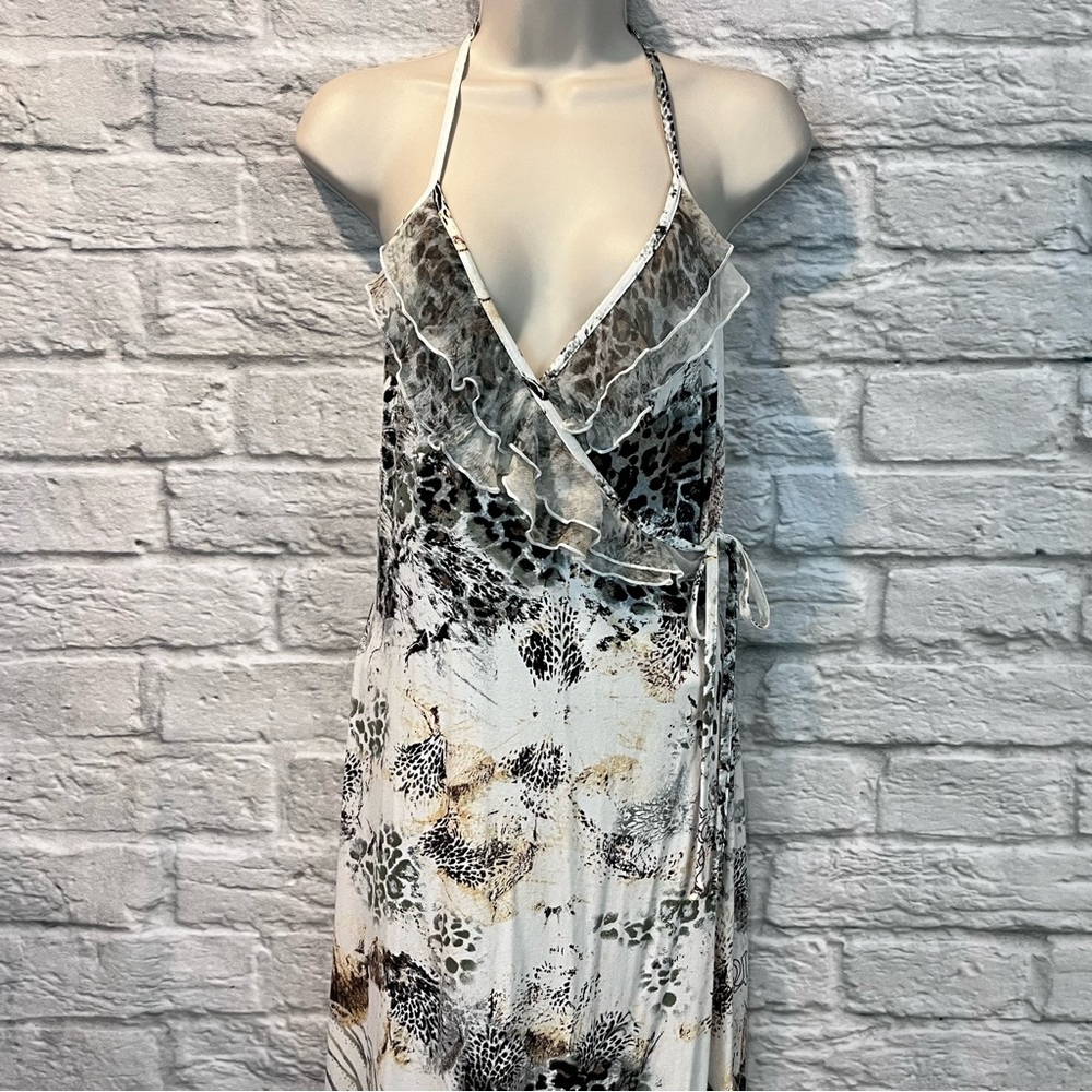 CAPPOPERA IT 44 US 8 Y2K Animal Print Ruffle Trim Asymmetrical Halter Maxi Dress